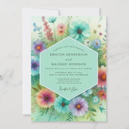 Teal Floral Meadow Wedding Einladung (Vorderseite)