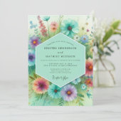 Teal Floral Meadow Wedding Einladung (Stehend Vorderseite)