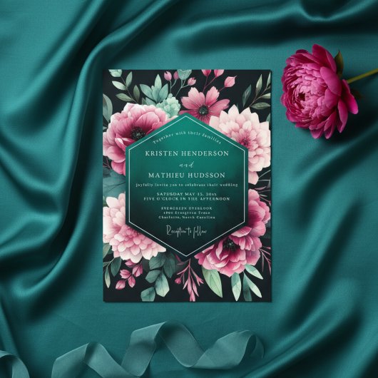 Teal Floral Nocturne Wedding Einladung