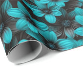 Teal Floral Wrapping Paper on Black Geschenkpapier (Rolleneckpunkt)