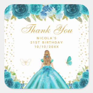 Teal Florale Blondhaar Prinzessin Geburtstagsfeier Quadratischer Aufkleber