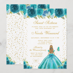Teal Florale Blondhaarige Prinzessin Sweet Sixteen Einladung