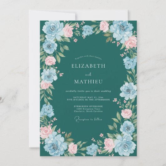 Teal Florale Bogenblüten Hochzeit Einladung (Vorderseite)