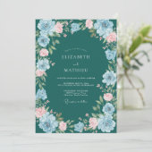 Teal Florale Bogenblüten Hochzeit Einladung (Stehend Vorderseite)