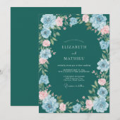 Teal Florale Bogenblüten Hochzeit Einladung (Vorne/Hinten)