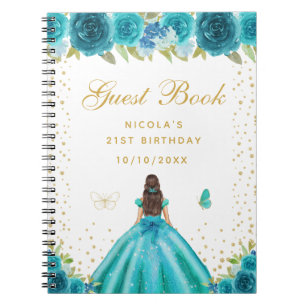 Teal Florale Braunhaarige Prinzessin Geburtstagsfe Notizblock