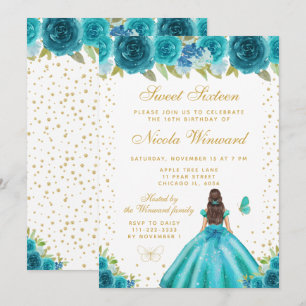 Teal Florale Braunhaarige Prinzessin Sweet Sixteen Einladung