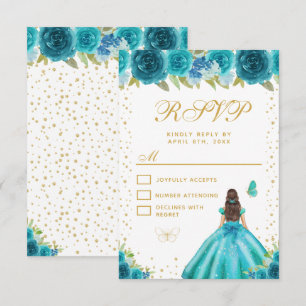 Teal Florale Braunhaarige Prinzessin Sweet Sixteen RSVP Karte