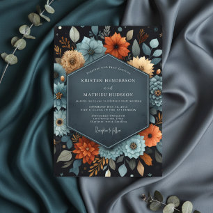 Teal Florale Herbst Hochzeit im Luxusstil Einladung