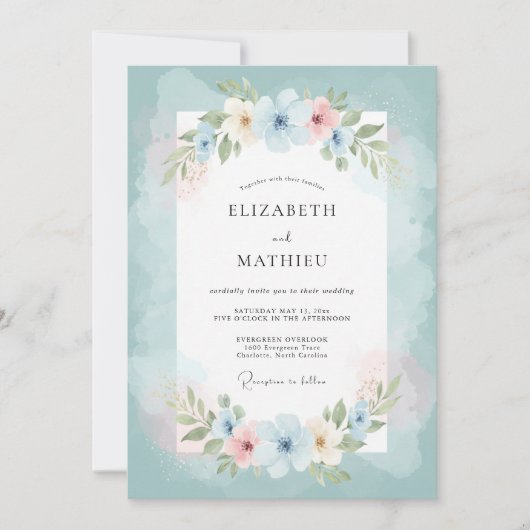 Teal Florale Hochzeitsfeier Einladung (Vorderseite)