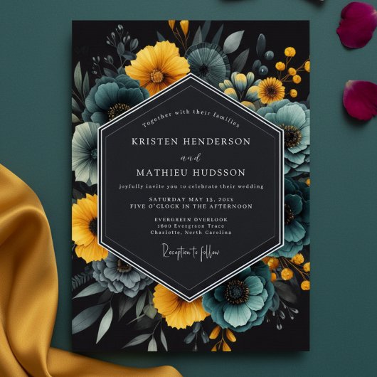 Teal Florale Kunst Hochzeit Einladung