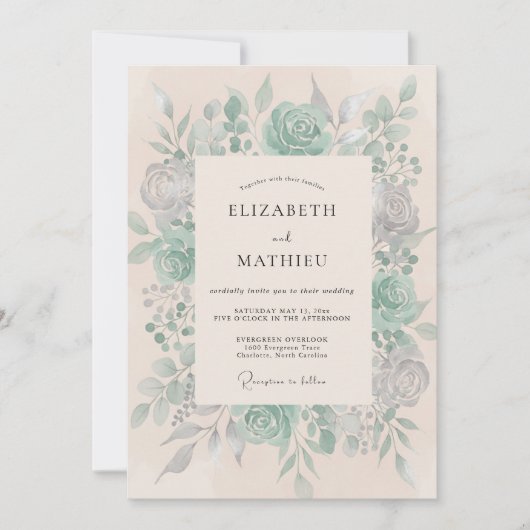 Teal Florale Kunst Hochzeit Einladung (Vorderseite)
