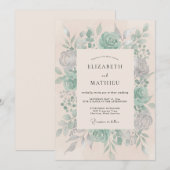 Teal Florale Kunst Hochzeit Einladung (Vorne/Hinten)