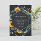 Teal Florale Kunst Hochzeit Einladung (Stehend Vorderseite)