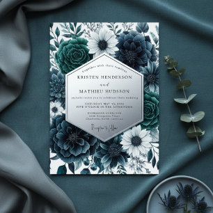 Teal Florale Opulente Hochzeit Einladung