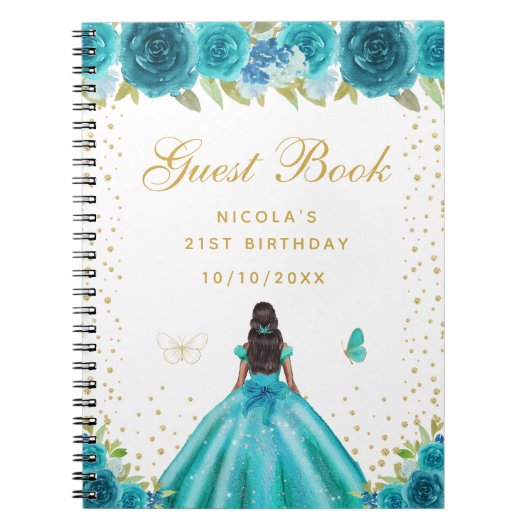 Teal Florale Prinzessin mit dunkler Haut zum Gebur Notizblock (Vorderseite)