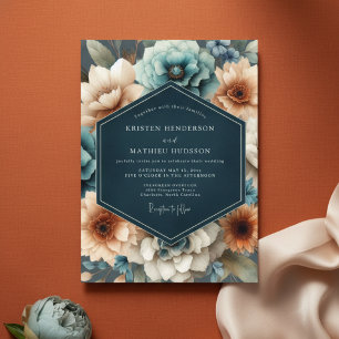 Teal Florale Romantik-Hochzeit Einladung