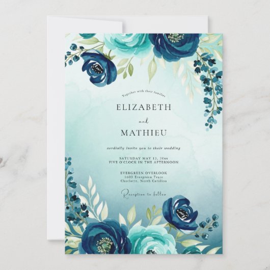 Teal Flourishing Watercolor Wedding Einladung (Vorderseite)
