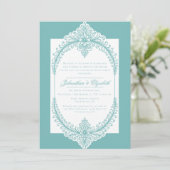 Teal French Flourish Frame Wedding Einladung (Stehend Vorderseite)
