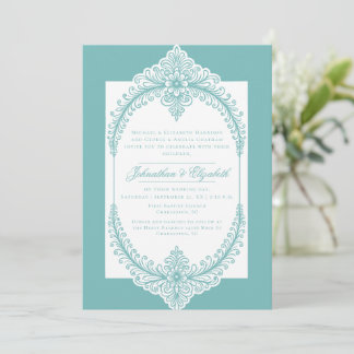 Teal French Flourish Frame Wedding Einladung