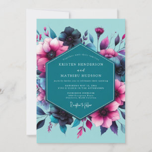 Teal Fuchsia Moody Hochzeitsblumen Einladung