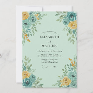 Teal Gelbe Blütenpracht Hochzeit Einladung