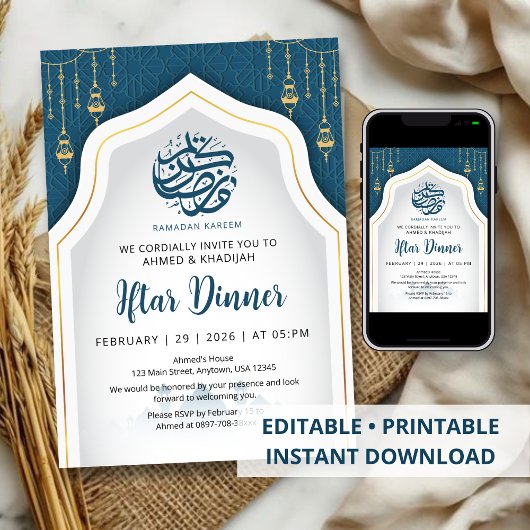 Teal Geometric Arch Ramadan Iftar Invitation Einladung