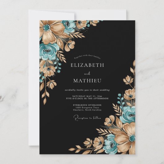 Teal Gilded Botanical Romance Wedding Einladung (Vorderseite)
