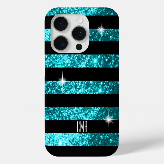 Teal Glitter & Black Stripes | DIY Monogram Case-Mate iPhone Hülle (Rückseite)