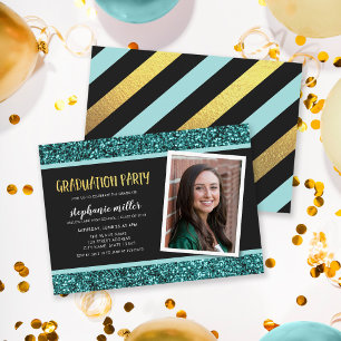 Teal Glitter Photo Graduation Party Invitation Einladung