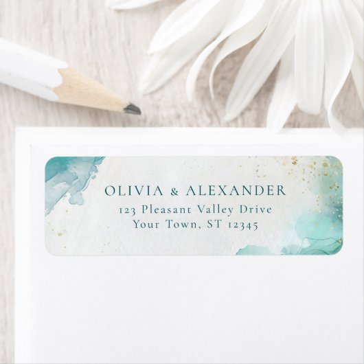 Teal Gold Abstract Beach Wedding Return Address (Insitu)