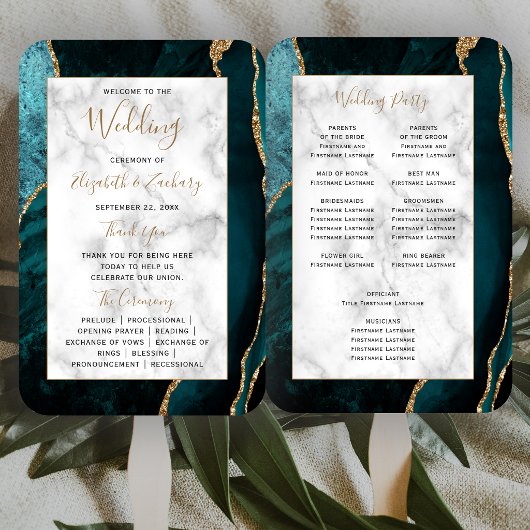 Teal Gold Achat-Marmor-Hochzeitsprogramm Fächer