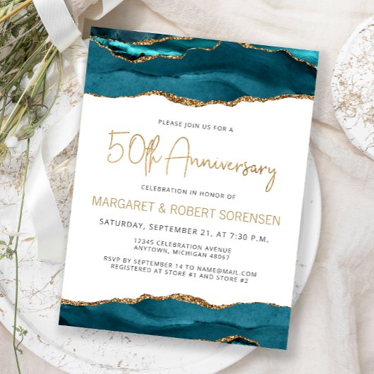 Teal Gold Agate 50th Anniversary Invitation Postkarte