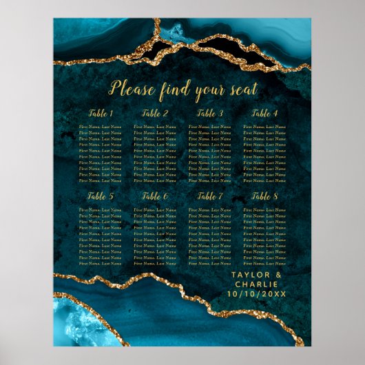 Teal Gold Agate Wedding Seating Chart 8 Table Poster (Vorne)
