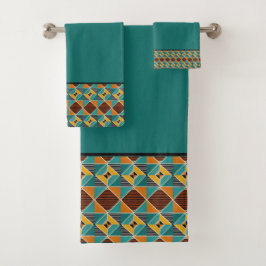 Teal Gold and Black Geometric Pattern Badhandtuch Set