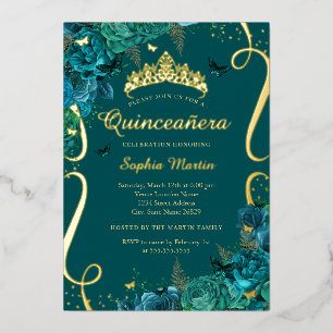 Teal Gold Blumen Schmetterling Elegante Quinceaner Folieneinladung
