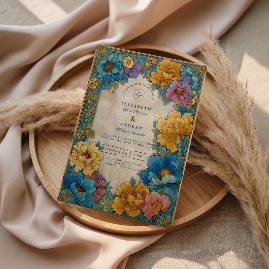 Teal Gold Botanical Wedding Einladung