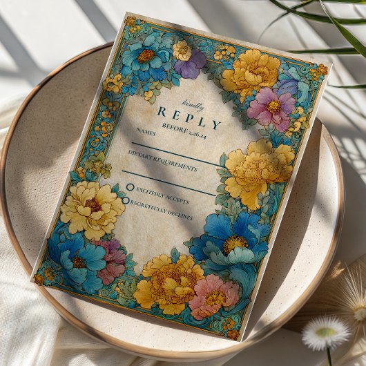 Teal Gold Botanical Wedding RSVP Karte