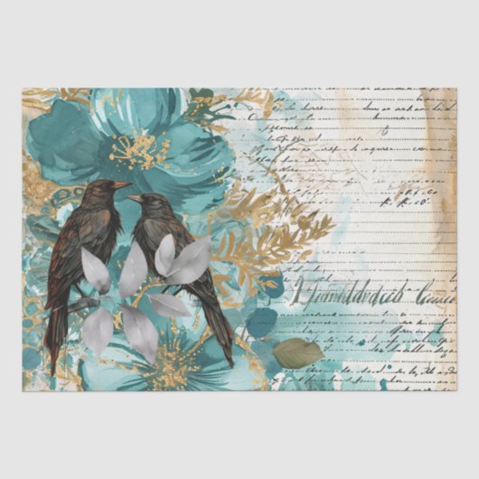 Teal & Gold Distressed Floral & Ravens Seidenpapier (Vorderseite)