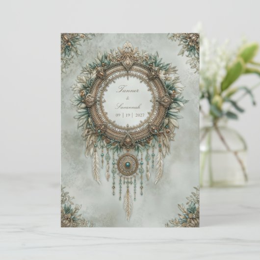 Teal Gold Dreamcatcher Boho Feather Wedding Einladung (Stehend Vorderseite)