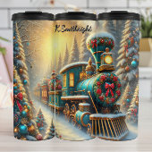 Teal Gold Festive Train Snowy Forest Thermosbecher