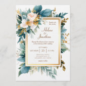 Teal Gold Floral Garden Boho Elegant Wedding Einladung (Vorderseite)