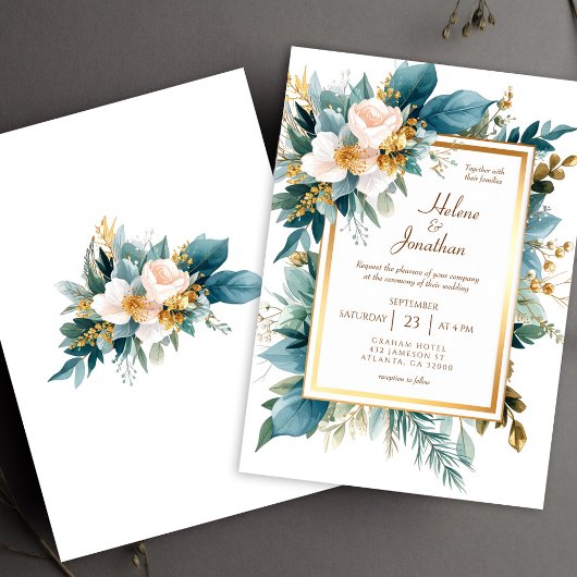 Teal Gold Floral Garden Boho Elegant Wedding Einladung