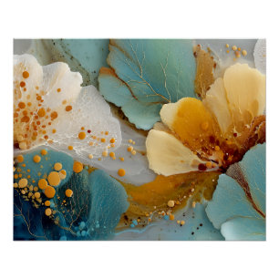 Teal Gold Fluid Art Abstrakt Poster