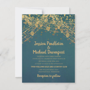 Teal Gold Glitter Lichterkette Hochzeit Einladung