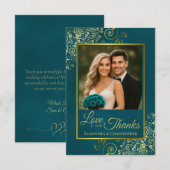 Teal & Gold Love & Thanks Photo & Note Wedding Dankeskarte (Vorne/Hinten)