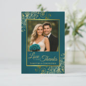 Teal & Gold Love & Thanks Photo & Note Wedding Dankeskarte (Stehend Vorderseite)