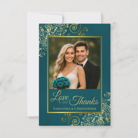 Teal & Gold Love & Thanks Photo & Note Wedding Dankeskarte (Vorderseite)