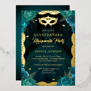 Teal Gold Maskenball Rose Kleid Quinceanera Folieneinladung