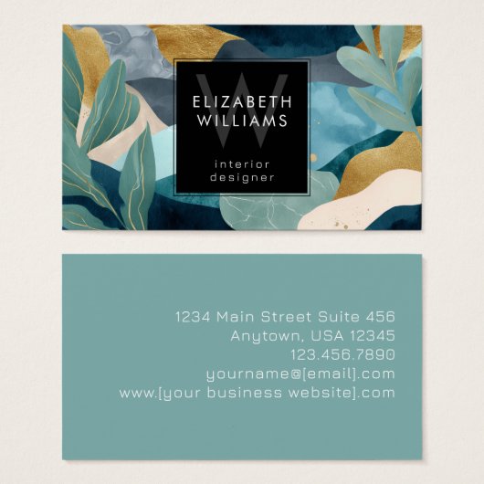 Teal Gold Modern Abstract Monogram Business Cards (Vorne & Hinten)